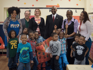 Photo caption: (l to r) Monica Carmichael, Director of Early Childhood, Trenton Public School District, Joe LaRosa, Millhill Corporate Board Chair, Cynthia Oberkofler, Executive Director, Trenton Mayor Eric Jackson, Abbott Teachers Susan Cannon and Yelenni Castillo with children